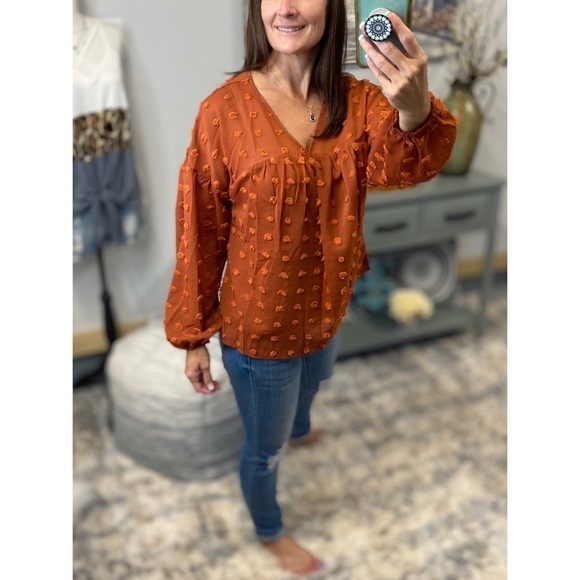 Swiss Dot Long Bubble Sleeve V-Neck Floaty Top Rust 3521 - Picture 9 of 9